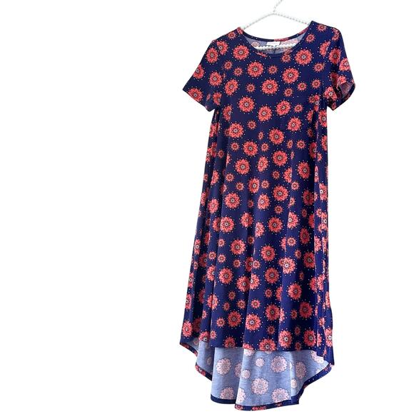 LuLaRoe XS Carly Dress Navy Pink Floral Swing Stretch Knit Pocket Size xs - Picture 2 of 12